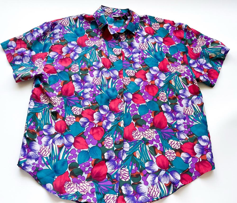 Vintage Paul Et Duffier Women's 100% Silk Tropical Floral Shirt Bold Colorful Lg